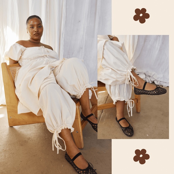 A split-screen, lifestyle-focused composition showcasing the texture and fit of woven ballet flats on a seated model.