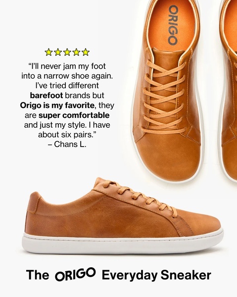 This ad features a high-quality product photo of the Origo Everyday Sneaker paired with a five-star customer review to highlight comfort and style.