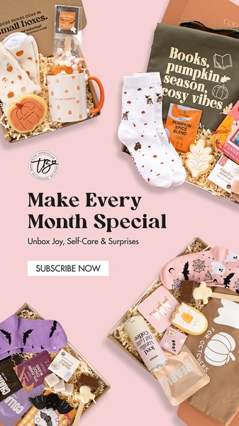 A 9:16 vertical collage showcasing multiple curated subscription boxes filled with seasonal treats, socks, and mugs against a soft pastel pink background.