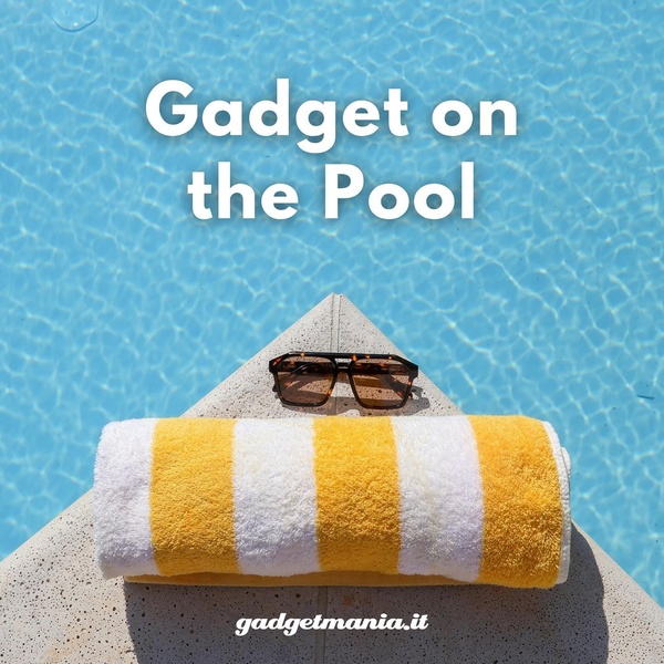 A clean, square-format ad featuring a pair of sunglasses resting on a yellow and white striped towel, set against a bright blue pool background.