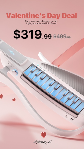 This creative showcases a sleek portable digital keyboard against a soft pink backdrop, emphasizing a holiday-themed discount to drive immediate purchase intent.