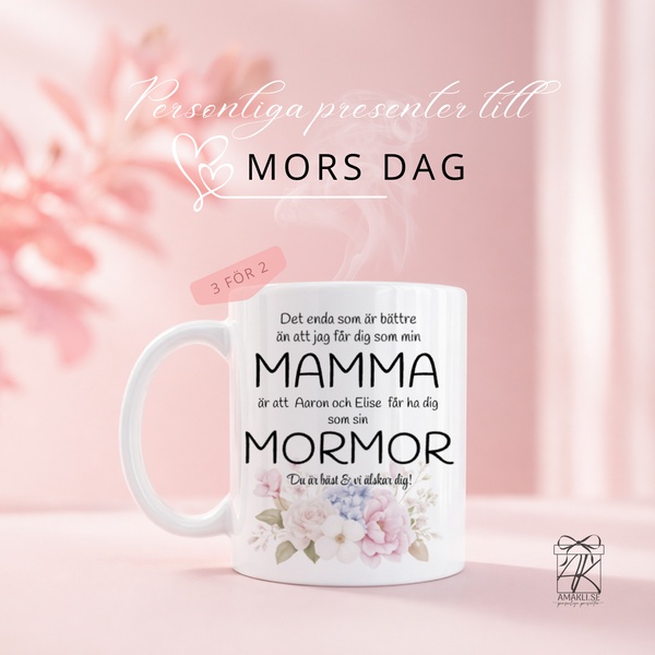 A 1:1 square ad creative for a personalized Mother's Day mug, featuring soft pastel aesthetics and a clear 3-for-2 sale promotion.