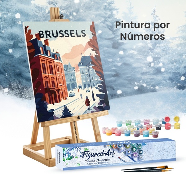 A high-quality product hero shot featuring a paint by numbers kit on an easel set against a winter landscape backdrop.