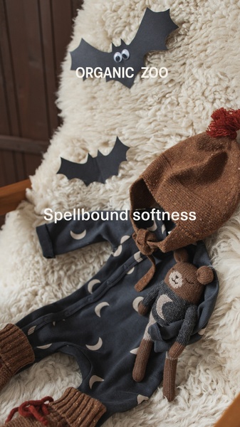 baby romper, baby onesie, infant clothing, baby bodysuit, toddler outfit, baby knit toy, new arrival, brand awareness, lifestyle, flat lay, warm, playful, neutral, brown, blue, halloween