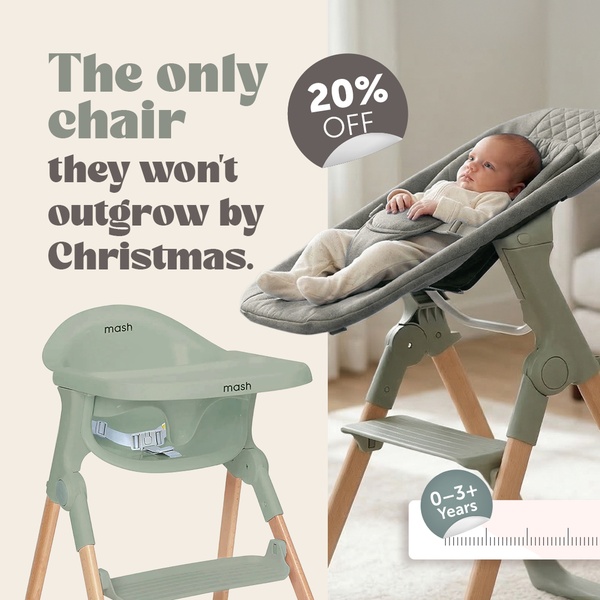 A square 1:1 ad creative highlighting a high chair's long-term utility for infants and toddlers with a 20% discount offer.