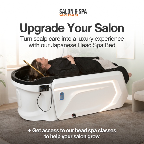 A clean, lifestyle-oriented ad creative showing a client receiving a treatment on a modern spa bed, emphasizing both equipment and professional education.