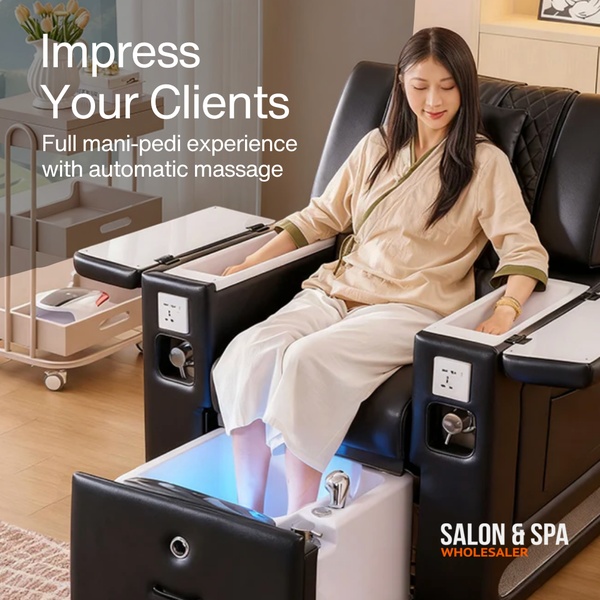 A high-quality, professional-grade studio image showcasing a premium pedicure massage chair with a client in a spa setting.