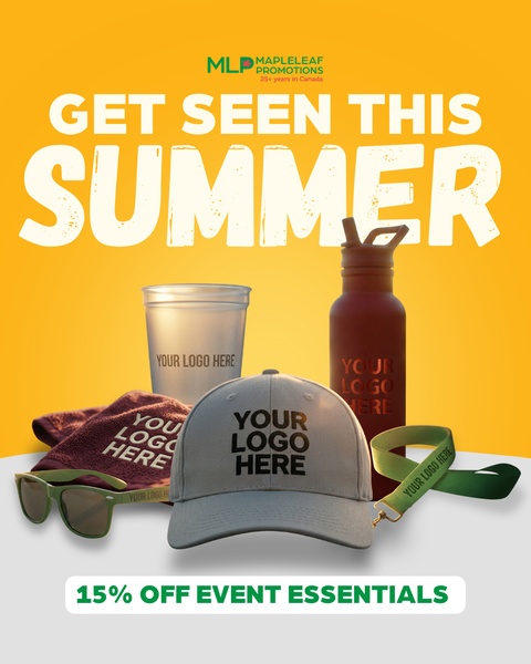 This ad creative displays a variety of branded promotional items including a bottle, cup, cap, towel, sunglasses, and lanyard set against a bold summer yellow background.