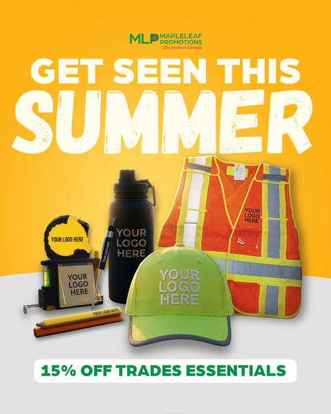 A 4:5 vertical ad showcasing a collection of trade-related promotional products including a vest, cap, and water bottle.