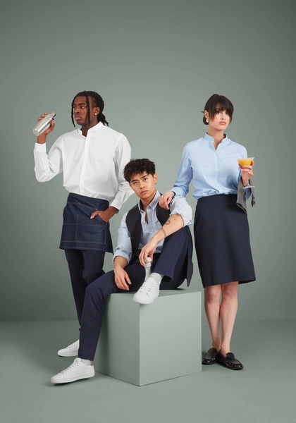 restaurant uniforms, hospitality uniforms, waitstaff clothing, service aprons, waiter shirts, professional uniforms, brand awareness, minimalist, lifestyle, trustworthy, calm, neutral, blue