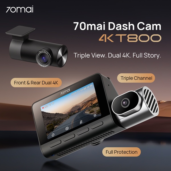 A clean, high-contrast product reveal of a 4K dash cam highlighting triple-channel capability and dual 4K resolution.