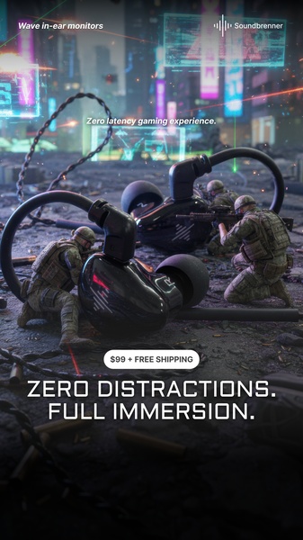 A high-impact 9:16 ad featuring in-ear monitors placed in a battlefield environment to emphasize low-latency performance and deep gaming immersion.
