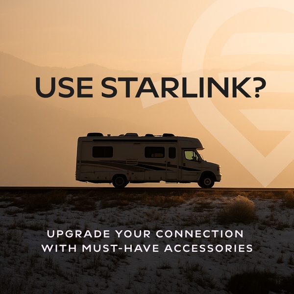 A high-contrast, sunset-themed ad creative featuring an RV to emphasize mobile connectivity and lifestyle upgrades for Starlink users.