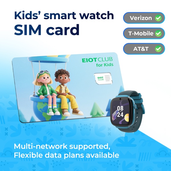 sim card, kids smartwatch sim, cellular sim card, prepaid sim card, smartwatch data plan, kids watch sim, product launch, brand awareness, minimalist, modern typography, playful, trustworthy, blue, green, neutral
