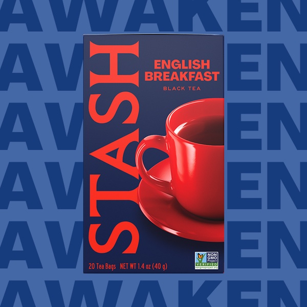 A high-contrast 1:1 image featuring a bold red mug against a dark blue background with repetitive branding text.