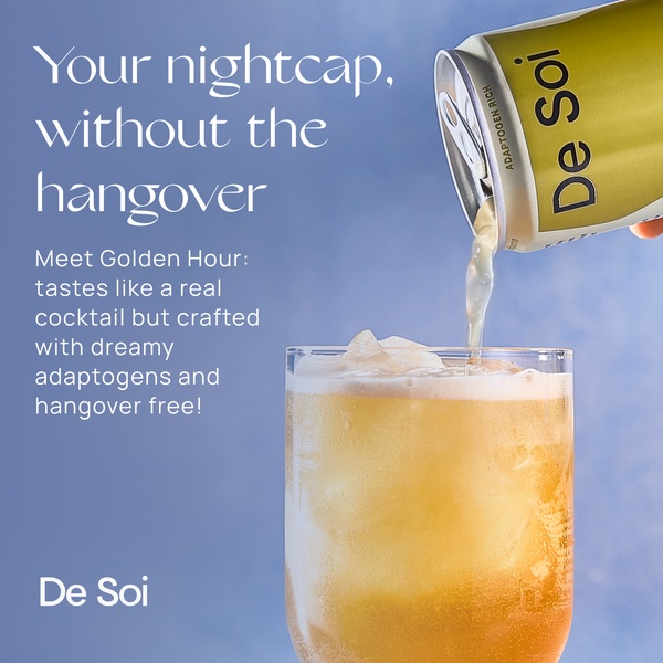 A high-contrast 1:1 image featuring a refreshing adaptogen cocktail being poured, emphasizing the 'no hangover' value proposition.