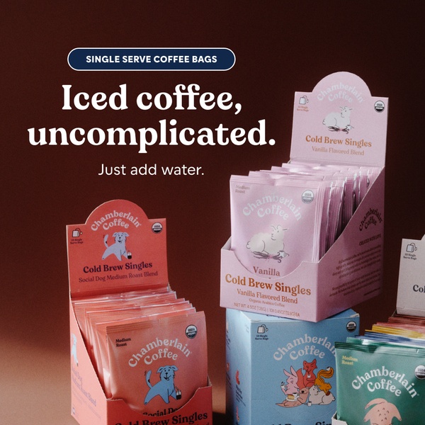 A clean, high-contrast studio shot showing multiple boxes of single-serve coffee bags, utilizing a direct value-proposition headline.