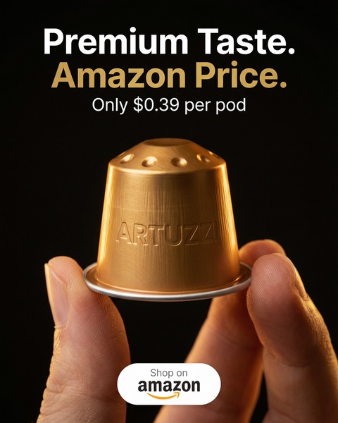 A clean, studio-lit close-up of a premium coffee pod, highlighting affordability through a bold, text-based value proposition.