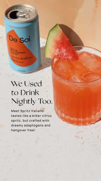 A lifestyle-focused creative featuring a non-alcoholic aperitif, highlighting the drink's bitter citrus flavor and adaptogenic benefits as a direct, healthier alternative to nightly alcohol.