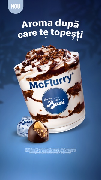 This ad features a high-definition, vertical portrait of a decadent McFlurry dessert topped with Baci chocolates, emphasizing texture and flavor.