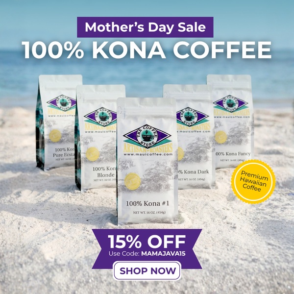 A square format promotional ad for Kona coffee, featuring five product bags arranged on a sandy beach under a bright sky with clear seasonal offer text.