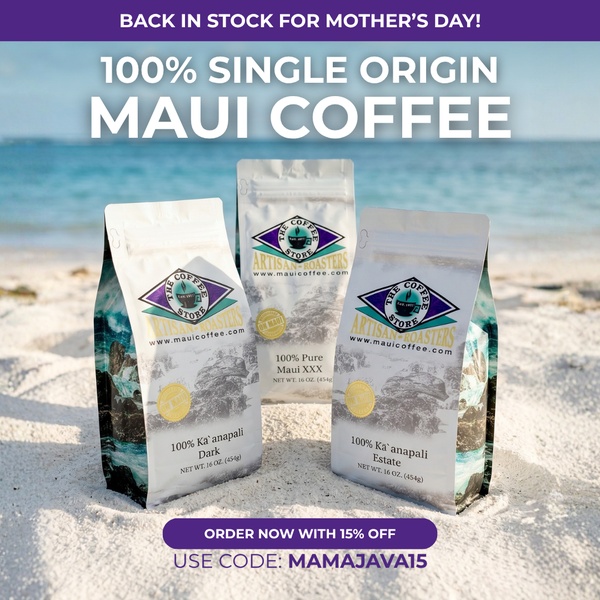 A 1:1 square ad featuring three packages of Maui coffee set on a sandy beach, highlighting a seasonal discount for Mother's Day.