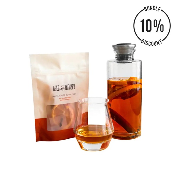 A high-contrast 1:1 image featuring a refill pack and a glass bottle of alcohol infusion, highlighting a 10% bundle discount.