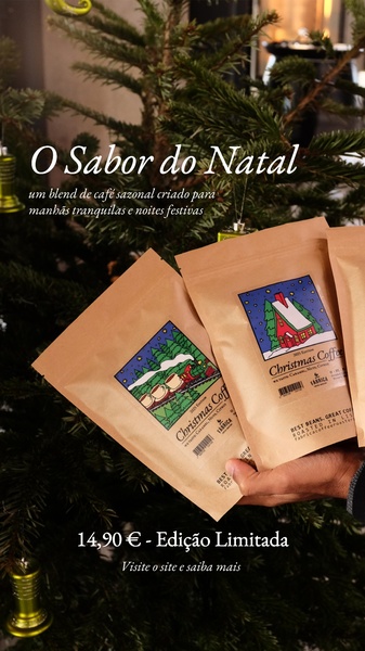 A festive, warm-toned advertisement featuring coffee bags set against a Christmas tree background to highlight a limited-edition holiday release.