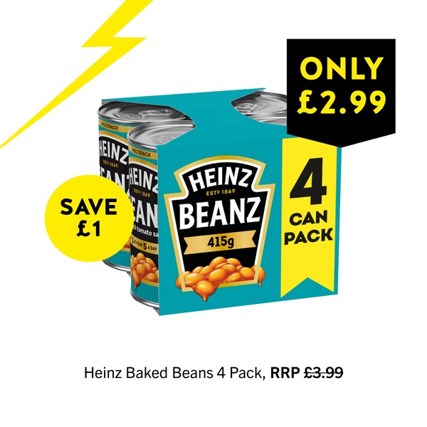 A high-contrast, product-focused graphic showcasing a 4-pack of baked beans with prominent pricing and discount information for immediate impact.