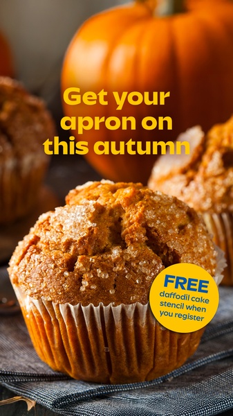 A 9:16 vertical ad creative featuring a seasonal muffin scene with a clear text overlay offering a free stencil for new registrations.
