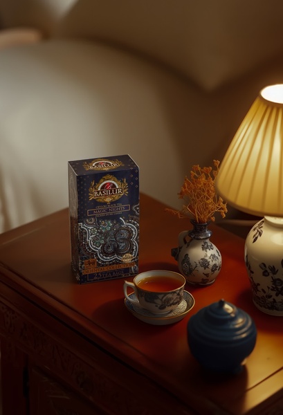 A high-end product shot of black tea featuring warm ambient lighting, elegant china, and a quiet, relaxed atmosphere.