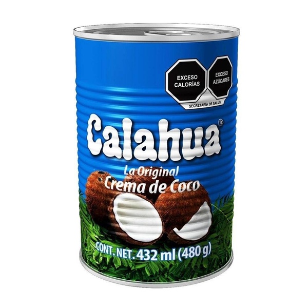 A clean, high-resolution 1:1 product shot of a Calahua coconut cream can against a natural, tropical-themed background.