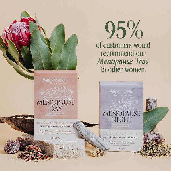 A clean, minimalist product display showcasing two menopause tea variants alongside botanical elements and a clear statistical success metric.