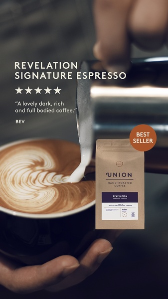 A vertically-oriented, product-focused ad featuring a customer review overlaid on a high-quality lifestyle shot of espresso being poured.