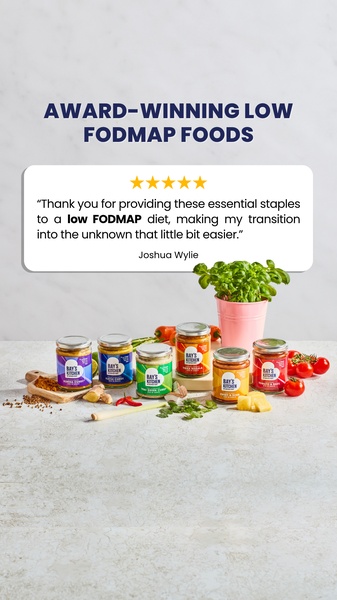 A clean, high-contrast ad featuring a selection of specialty food jars accompanied by a highlighted customer testimonial and five-star rating.
