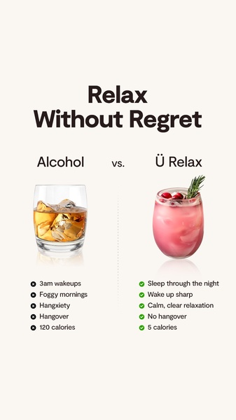 A split-screen comparison creative that lists the negative side effects of alcohol against the positive health benefits of a relaxation beverage.