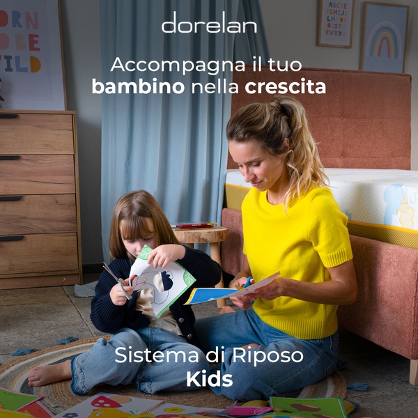 A 1:1 format lifestyle ad featuring a mother and daughter interacting on a mattress in a warm, domestic environment.