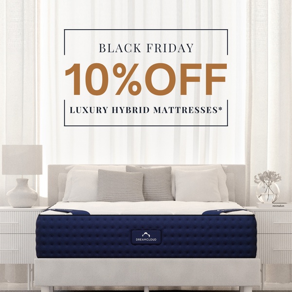 A high-end, clean bedroom scene promoting a 10% discount on luxury hybrid mattresses for a Black Friday sales campaign.