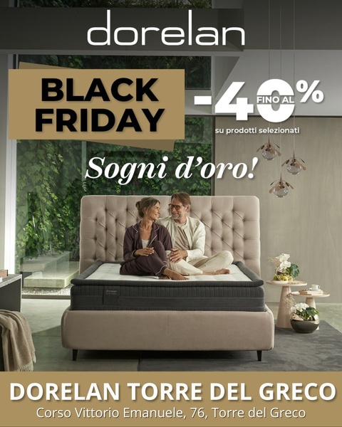 A high-end lifestyle shot featuring a couple on a premium mattress, promoting a 40% discount for Black Friday.