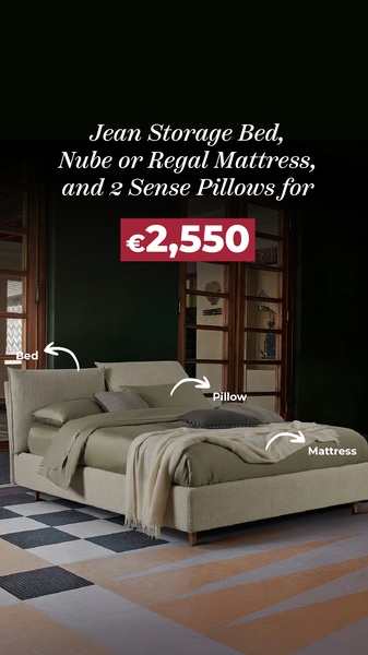 A clean, high-contrast creative showcasing a complete bedroom set—storage bed, mattress, and pillows—bundled with a specific price point.