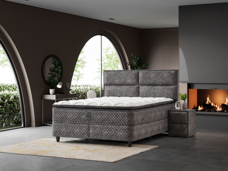 A high-end bed set in a modern, dark-toned interior featuring an elegant fireplace and architectural arched windows.