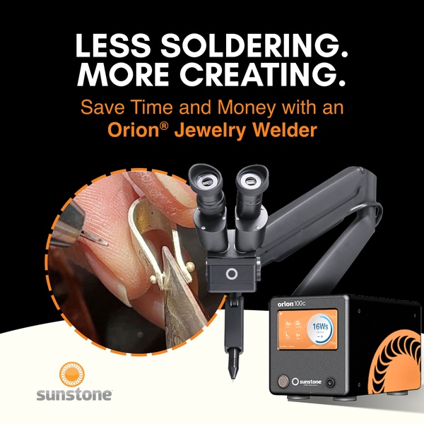 A clean, high-contrast ad featuring a jewelry welder in operation to demonstrate ease and efficiency for professional craftspeople.