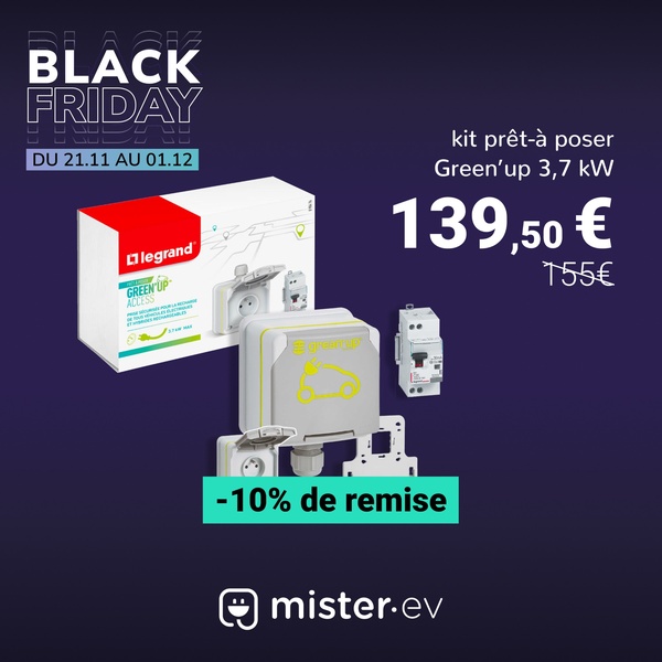 A promotional Black Friday ad for a Legrand EV charging kit featuring a clear discount offer, strike-through pricing, and high-contrast visual branding.