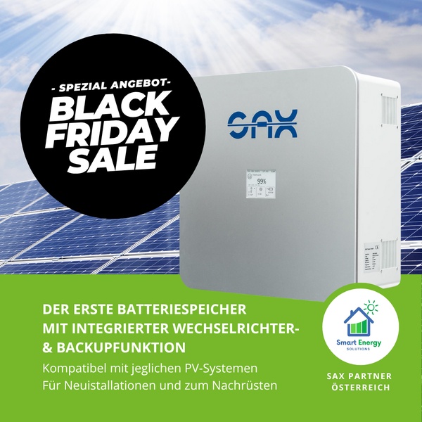 A square ad creative featuring a sleek battery storage system with a high-contrast Black Friday discount circle and clear product benefit statements.
