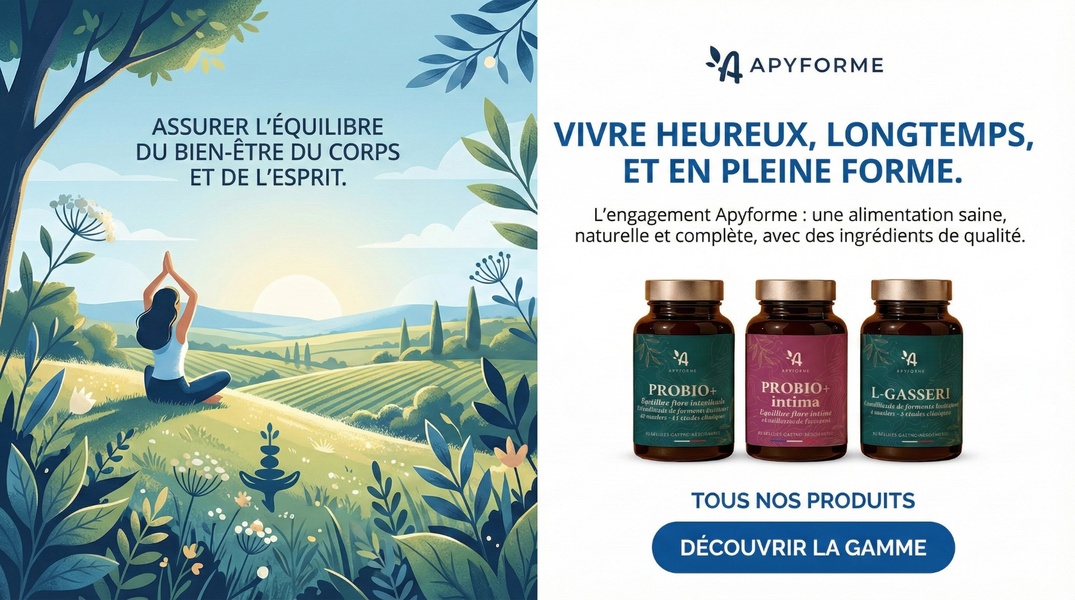 This ad creative uses a serene landscape illustration to promote a range of probiotic supplements, focusing on holistic body and mind balance.