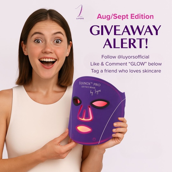 led face mask, light therapy mask, led skin mask, facial led device, red light face mask, light therapy skincare, brand awareness, referral offer, lifestyle, modern typography, energetic, playful, purple, pink, neutral