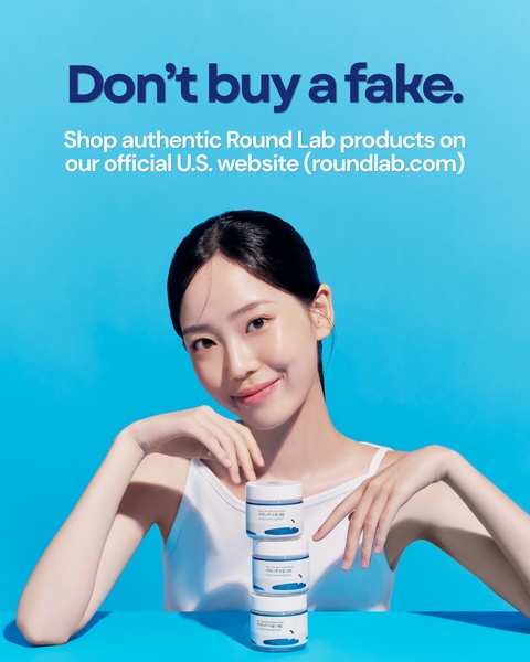 A clean, high-contrast visual featuring a model holding products, designed to warn consumers against counterfeit items.