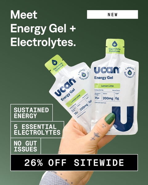 This creative showcases the product in-hand, utilizing clear, text-based feature callouts to explain the core benefits of the energy gel.