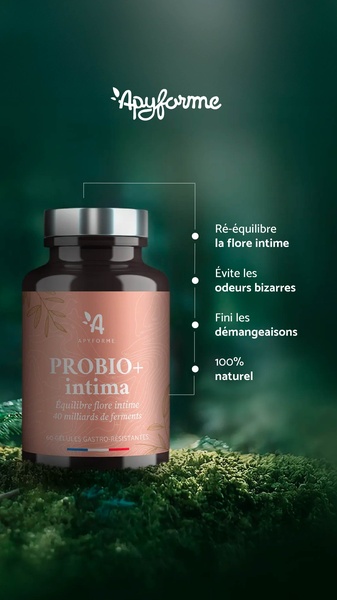 This ad creative features an intimate probiotic supplement bottle against a deep forest background, highlighting four key health benefits in a clean, readable list format.