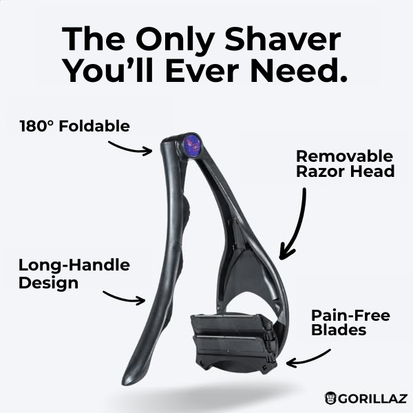 A high-contrast, annotation-based ad that breaks down the specific utility of a back shaver through clear, feature-focused callouts.